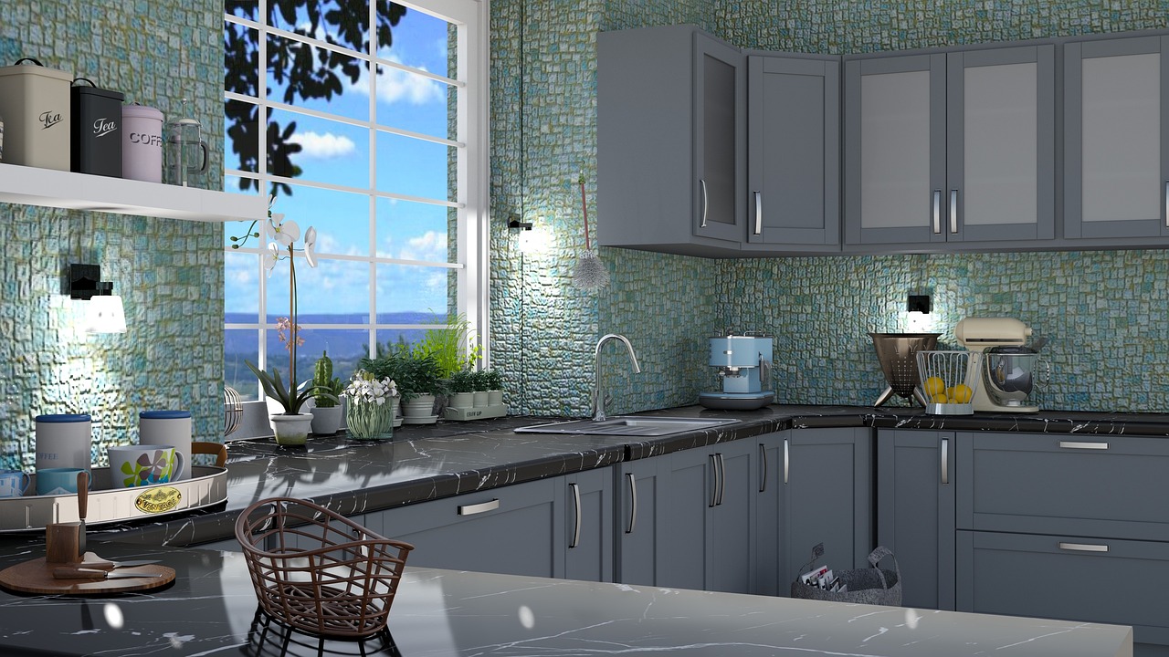 Glanzende glastegels als spatwand in een moderne keuken met daglicht